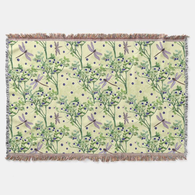 Blueberry pattern with dragonflies throw blanket (Front)