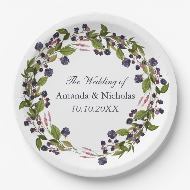 Blueberry  | Rustic Wreath  wedding personalised Paper Plate (Front)