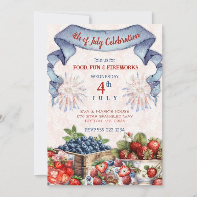 Blueberry Strawberry Old Fashioned BBQ 4th July Invitation (Front)