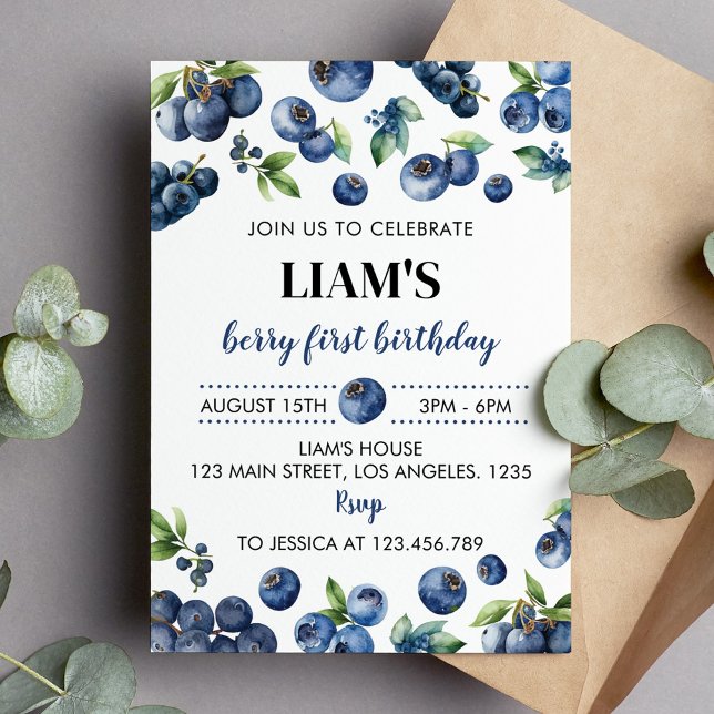 Blueberry Sweet 1st Birthday Invitation (Creator Uploaded)