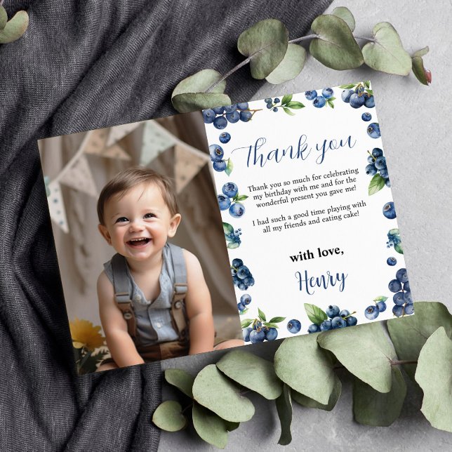 Blueberry Sweet 1st Birthday Photo Thank You Card (Creator Uploaded)