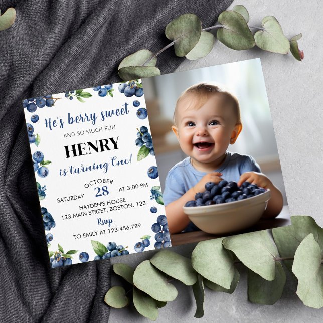Blueberry Sweet First Birthday Photo Invitation (Creator Uploaded)