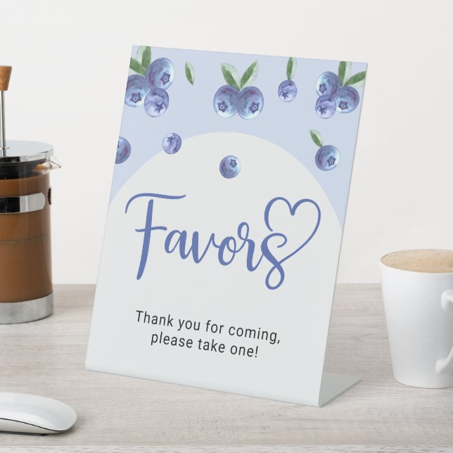 Blueberry Sweet Watercolor Boy Baby Shower Favours Pedestal Sign (In SItu)