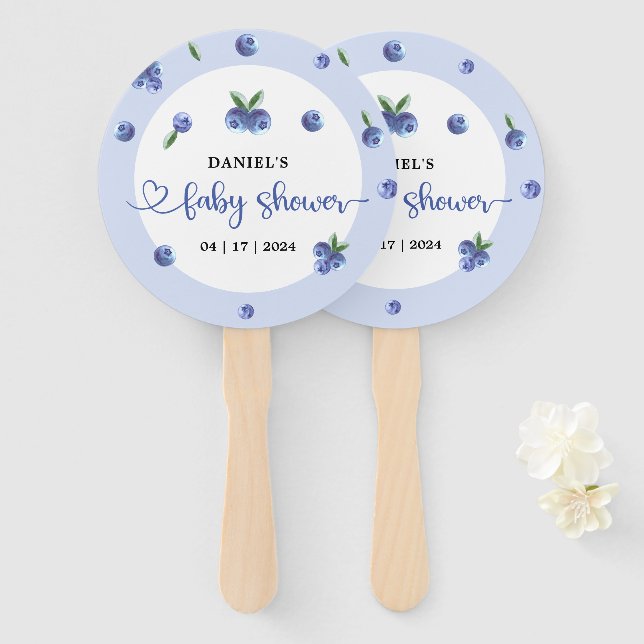 Blueberry Sweet Watercolor Boy Baby Shower Hand Fan (Front and Back)