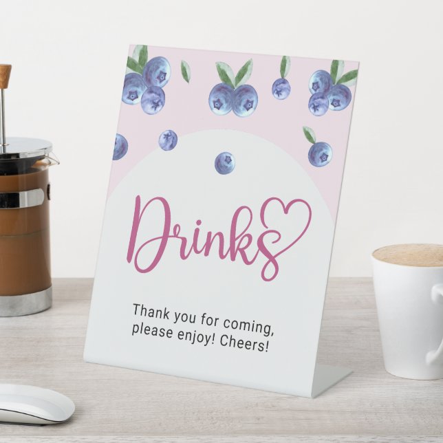 Blueberry Sweet Watercolor Girl Baby Shower Drinks Pedestal Sign (In SItu)