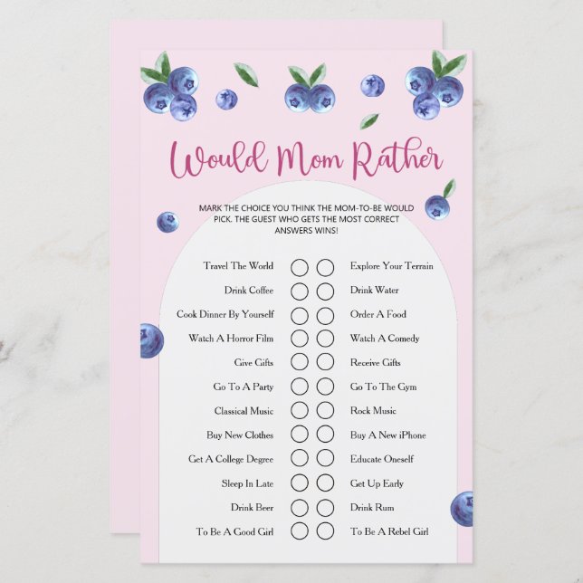Blueberry Sweet Watercolor Girl Baby Shower Game (Front/Back)