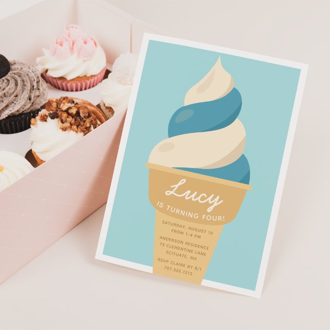 Blueberry Swirl Ice Cream Cone Kids Birthday Party Invitation (Creator Uploaded)