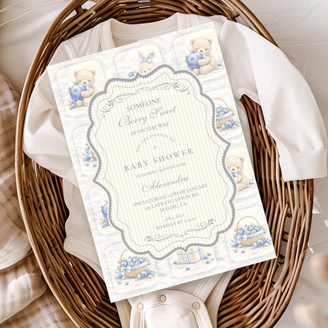 Blueberry Teddy Garden Toile Baby Shower Invitation (Creator Uploaded)