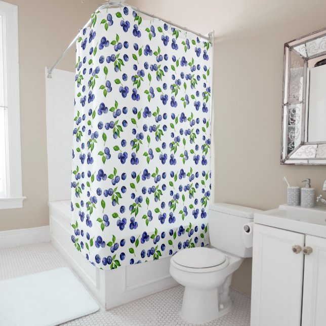 Blueberry Watercolor Berry Kitchen Cute Fruit Shower Curtain (In Situ)