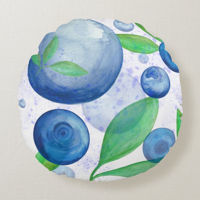 Blueberry watercolor fruit berries round cushion (Front)