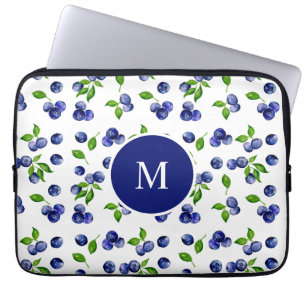 Blueberry Watercolor Monogram Berry Rustic Chic Laptop Sleeve