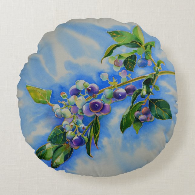 Blueberry watercolor painting, blue fruit  round cushion (Front)
