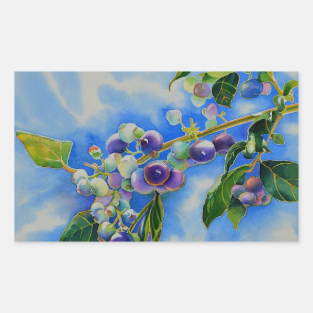 Blueberry watercolor painting rectangular sticker (Front)