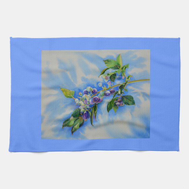 Blueberry watercolor painting tea towel (Horizontal)