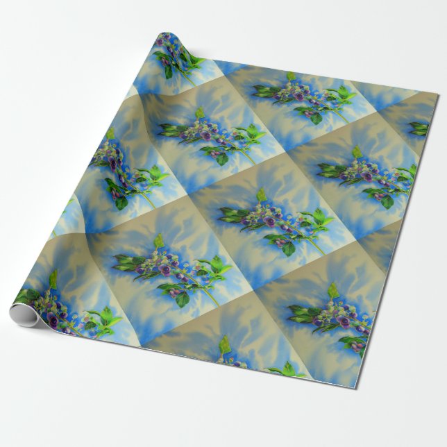 Blueberry watercolor painting wrapping paper (Unrolled)