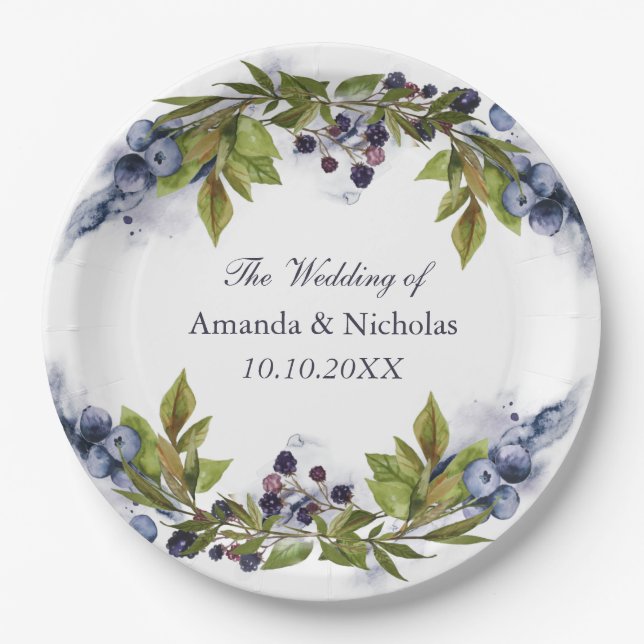 Blueberry  wedding personalised paper plate (Front)