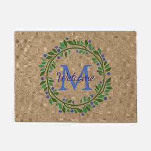 Blueberry Wreath and Burlap Monogram Doormat