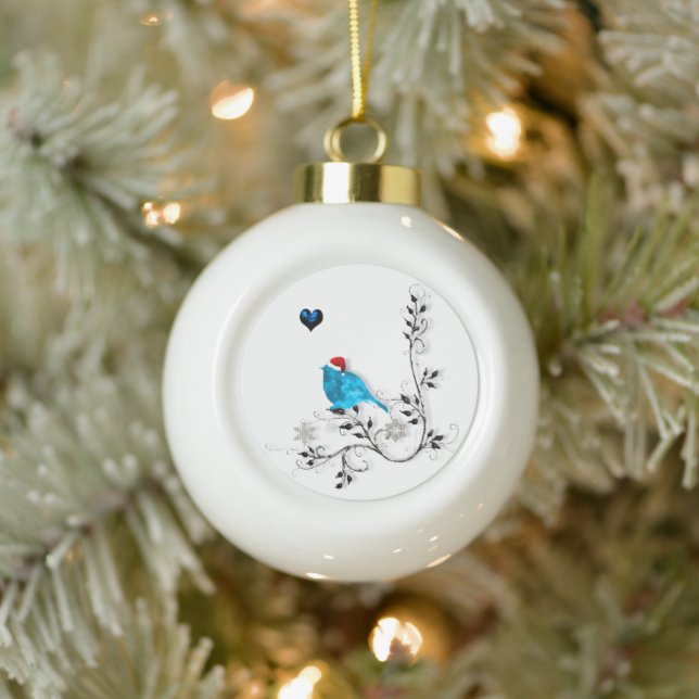 Bluebird and Blue Heart Ceramic Ball Christmas Ornament (Tree)