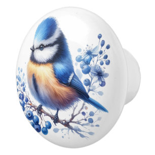 Bluebird and Blueberries  Ceramic Knob