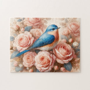 Bluebird and Blush Pink Roses Jigsaw Puzzle