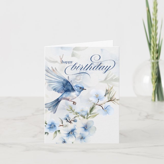 Bluebird and Forget Me Not Happy Birthday Note Card (Front)