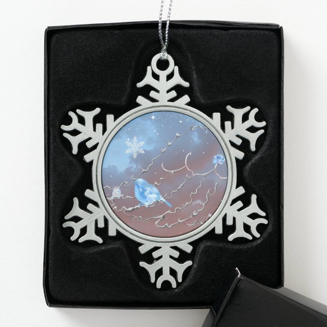 Bluebird and Gift Snowflake Pewter Christmas Ornament (Creator Uploaded)