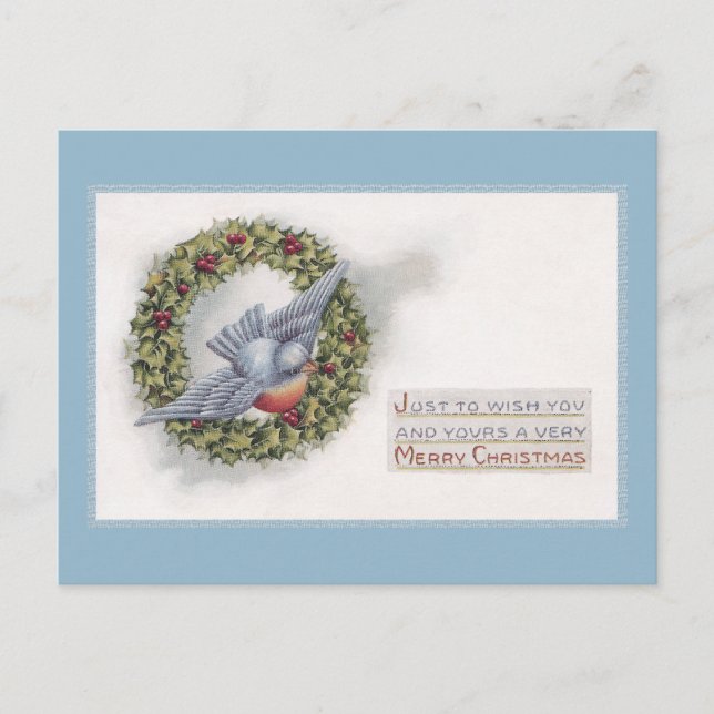 Bluebird and Holly Wreath Vintage Christmas Holiday Postcard (Front)