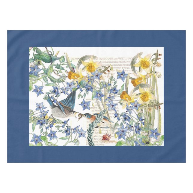 Bluebird Bird Narcissus Borage Flowers Tablecloth (Front (Horizontal))