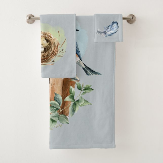 Bluebird Birdhouse Nest Feather Blue and Green Bath Towel Set (Insitu)