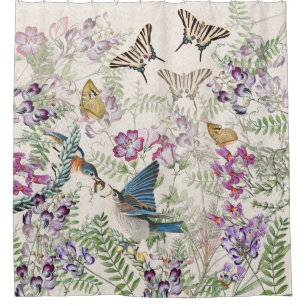 Bluebird Birds Butterfly Flowers Shower Curtain