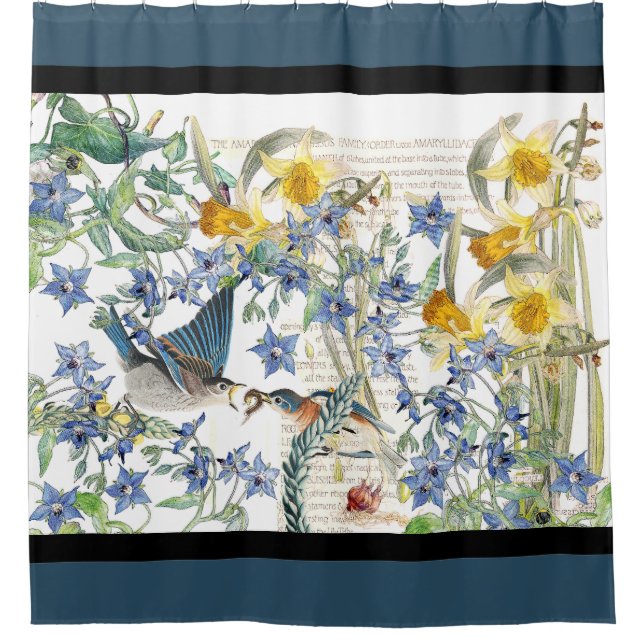 Bluebird Birds Narcissus Floral Shower Curtain (Front)