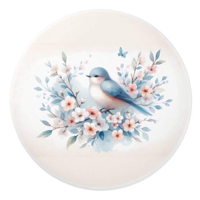 Bluebird Blossom Watercolor Serenity Ceramic Knob (Front)