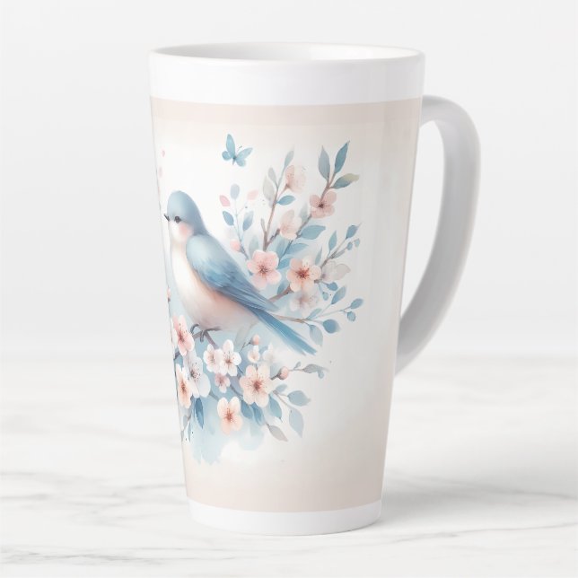 Bluebird Blossom Watercolor Serenity Latte Mug (Right Angle)