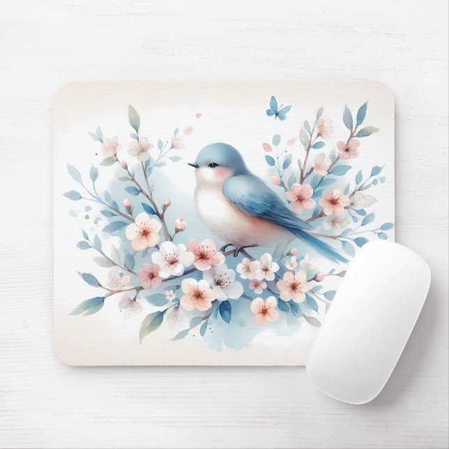 Bluebird Blossom Watercolor Serenity Mouse Mat (With Mouse)