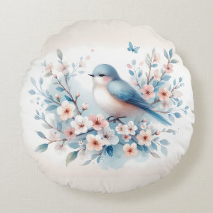 Bluebird Blossom Watercolor Serenity Round Cushion