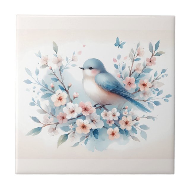 Bluebird Blossom Watercolor Serenity Tile (Front)