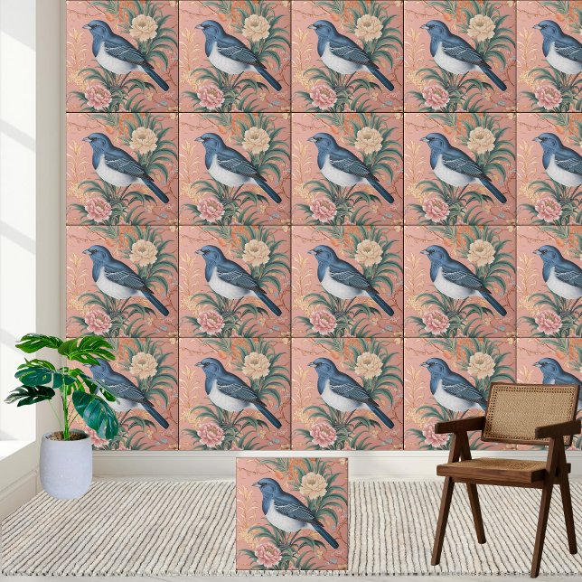 Bluebird Chinoiserie Floral Pattern Tile (Bluebird Chinoiserie Floral Pattern Tile)