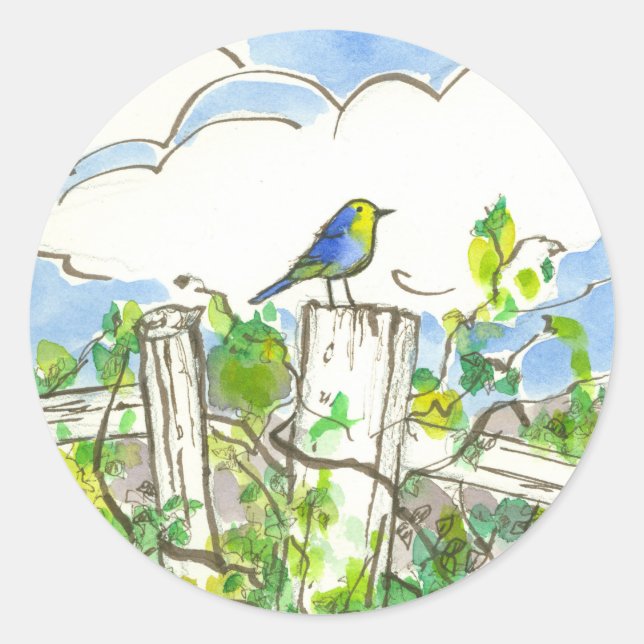 Bluebird Clouds Fence Classic Round Sticker (Front)