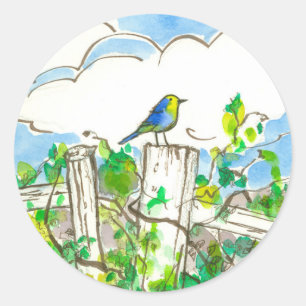 Bluebird Clouds Fence Classic Round Sticker