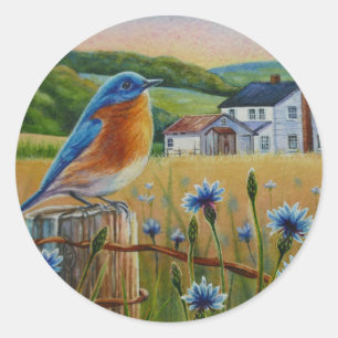 Bluebird Cornflowers Summer Farm Watercolor Art Classic Round Sticker