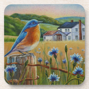 Bluebird Cornflowers Summer Farm Watercolor Art Coaster