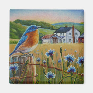 Bluebird Cornflowers Summer Farm Watercolor Art Magnet