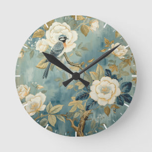 Bluebird Cream White Flowers Painting  Round Clock
