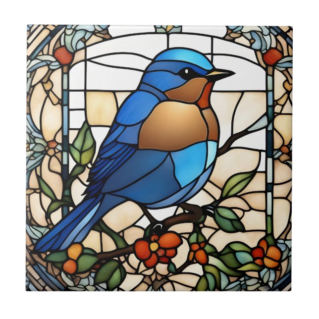 Bluebird Faux Stained Glass Blue Bird Tile (Front)