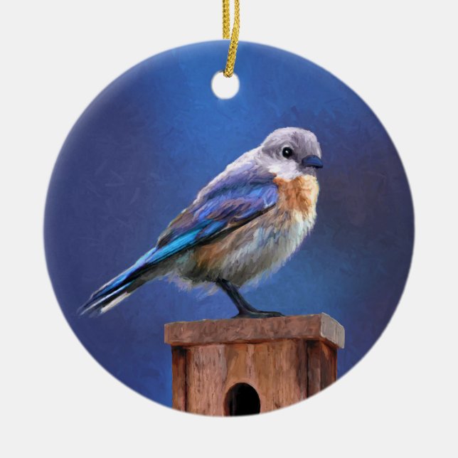 Bluebird (Female) Painting - Original Bird Art Ceramic Tree Decoration (Front)