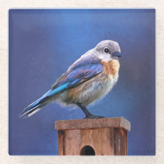 Bluebird (Female) Painting - Original Bird Art Glass Coaster (Front)