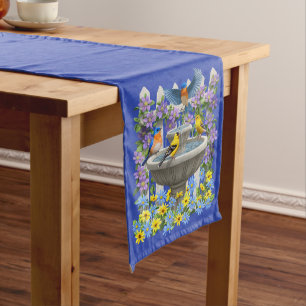 Bluebird Goldfinch Birdbath Garden Royal Blue Medium Table Runner