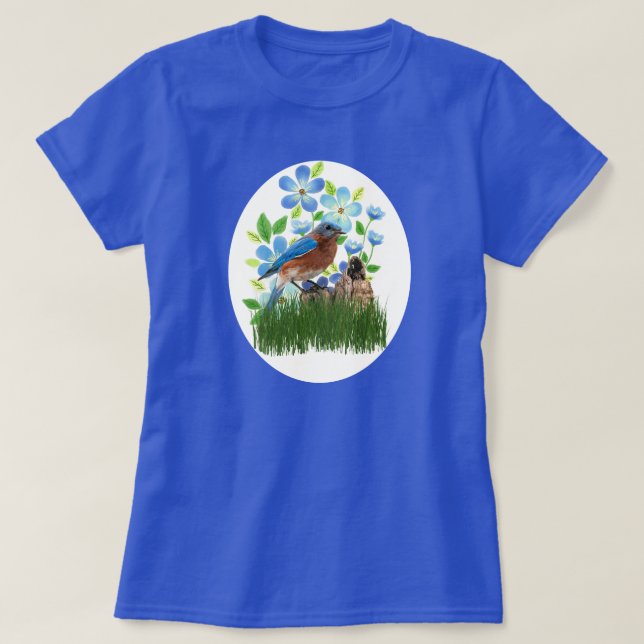 Bluebird in Flower Garden / Bird Lover T-Shirt (Design Front)