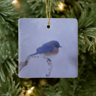 Bluebird in Snowy Winter Trees - Holiday Ceramic Ornament