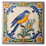 Bluebird Mediterranean Blue Bird Folk Animal Tile<br><div class="desc">summery sicilian ceramic tile, italian hand painted pattern, mediterranean bluebirds portuguese farmhouse, blue birds orange nature bird, summer bluebird botanical countryside, bold portugal, authentic classic traditional painting, vintage antique rustic country, folk art spanish mexican talavera, cream green yellow animals</div>